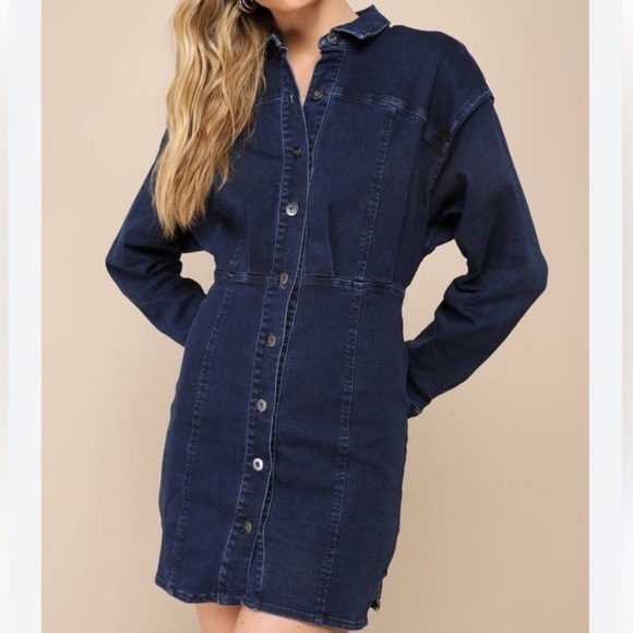 Free People Amber Stretch Denim Blue Long Sleeve Country Western Mini Dress SZ 4